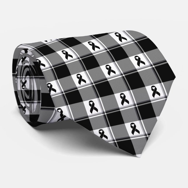 Melanoma Skin Cancer Awareness Plaid Black Ribbon Neck Tie (Rolled)