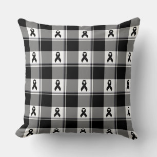 Melanoma Skin Cancer Awareness Plaid Black Ribbon Throw Pillow
