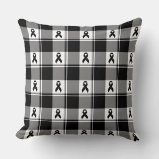 Melanoma Skin Cancer Awareness Plaid Black Ribbon Throw Pillow