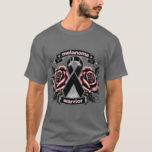 Melanoma Warrior – Tattoo Rose & Ribbon AwaT-Shirt T-Shirt (Front)