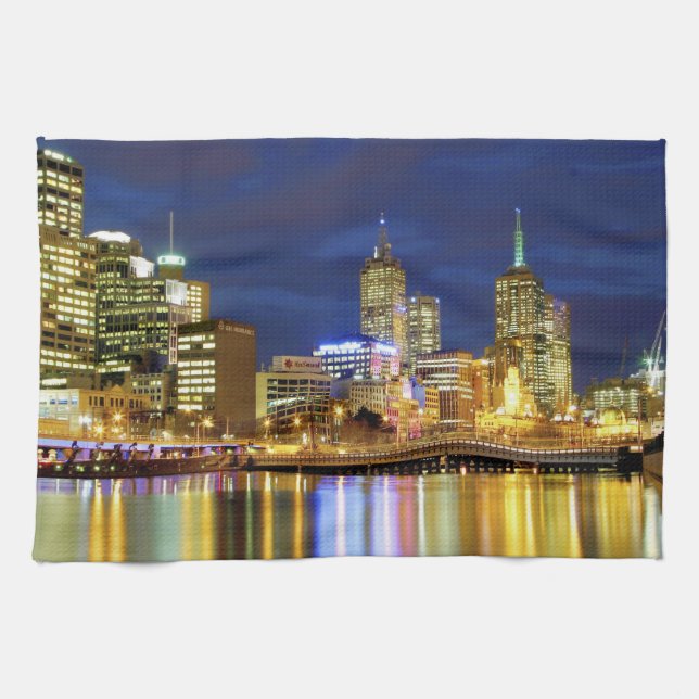 Melbourne, Australia. A nighttime view of the 2 Kitchen Towel (Horizontal)