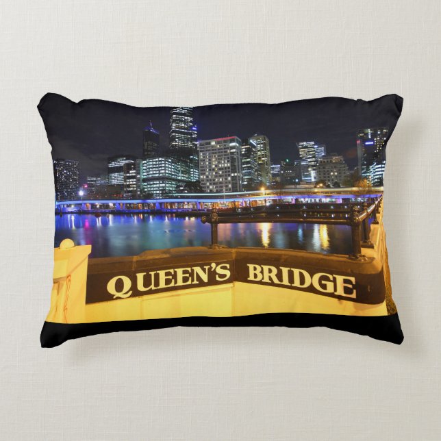 Melbourne Australia CBD Lights over Queen's Bridge Decorative Pillow (Front)
