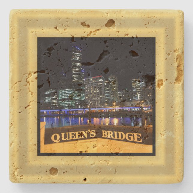 Melbourne Australia CBD Lights over Queen's Bridge Stone Coaster (Front)