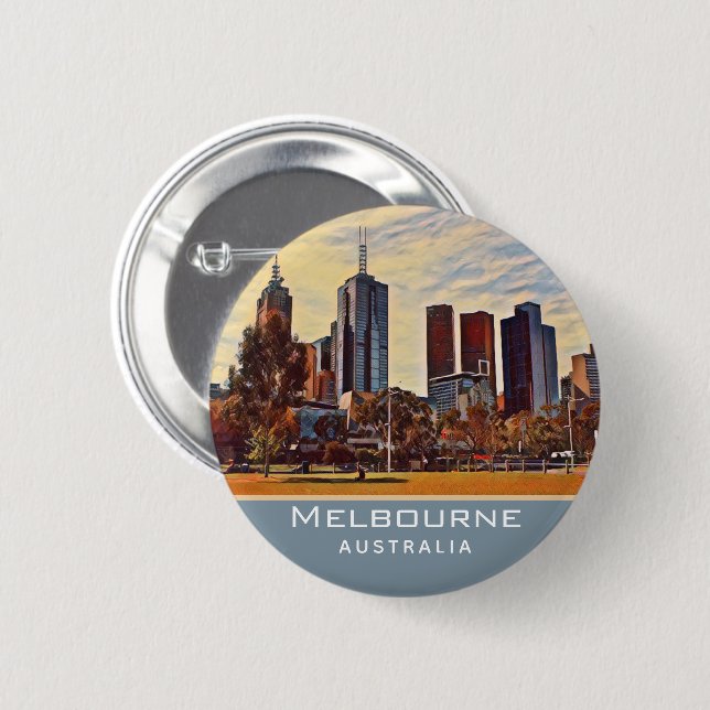 Melbourne Australia Skyline Watercolor Art Button (Front & Back)