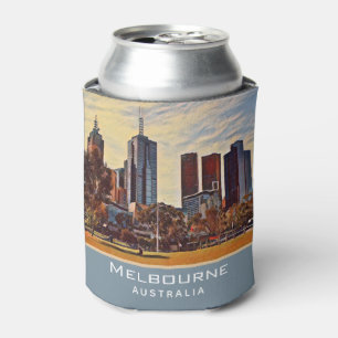 Melbourne Australia Skyline Watercolor Art Can Cooler