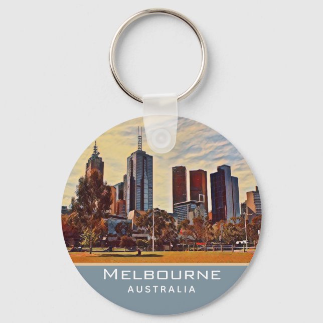 Melbourne Australia Skyline Watercolor Art Keychain (Front)