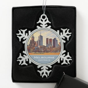 Melbourne Australia Skyline Watercolor Art Snowflake Pewter Christmas Ornament