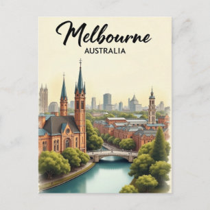 Melbourne Australia Travel Art Vintage Postcard