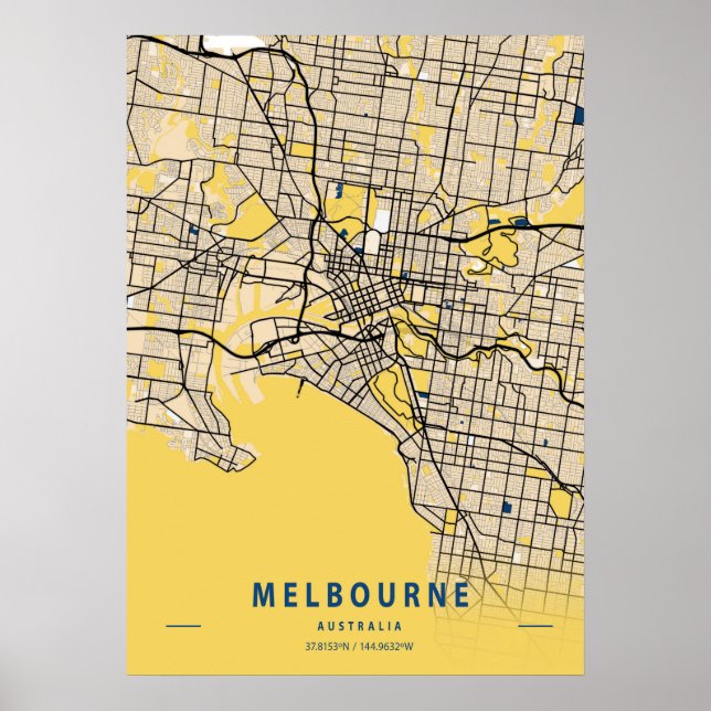 Melbourne - Australia Yellow City Map Poster (Front)