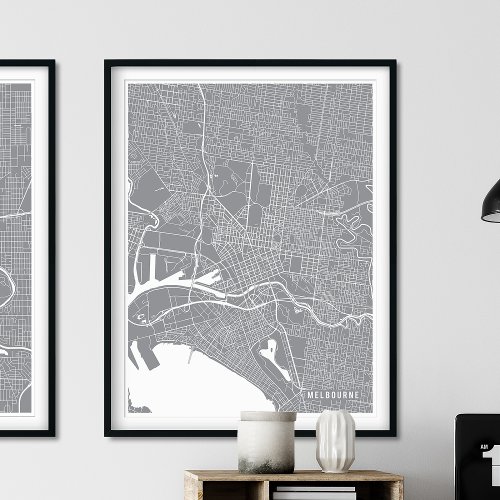 Melbourne Map Pewter Silver Modern Street Map Poster