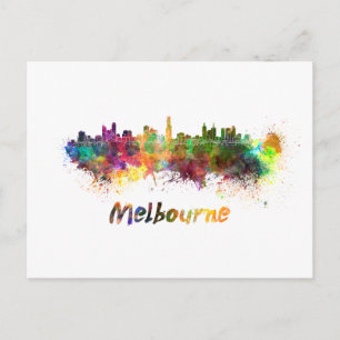 Melbourne skyline in watercolor postcard