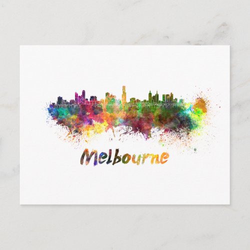 Melbourne skyline in watercolor postcard
