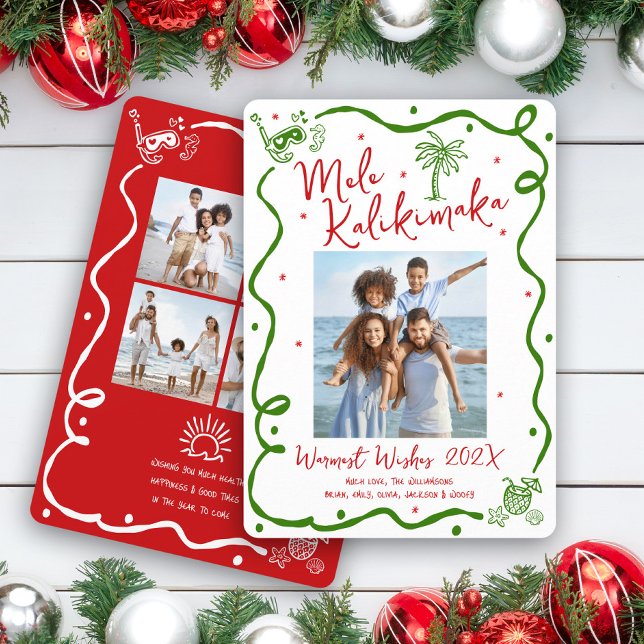 Mele Kalikimaka 5 Photo Red Green Doodle Christmas Holiday Card (Creator Uploaded)
