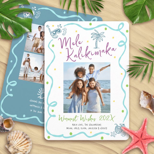 Mele Kalikimaka 5 Photo Teal Hand Drawn Christmas Holiday Card (Creator Uploaded)