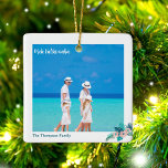 Mele Kalikimaka Beach 2 Photo Tropical Christmas Ceramic Ornament<br><div class="desc">A simply beautiful beach Christmas ornament with a family photo from your island vacation held on the corner by a pretty tropical Hibiscus flower in lovely peach pink with blue green palm leaves. Another full photograph decorates the back of this double-sided Hawaiian holiday ornament.</div>