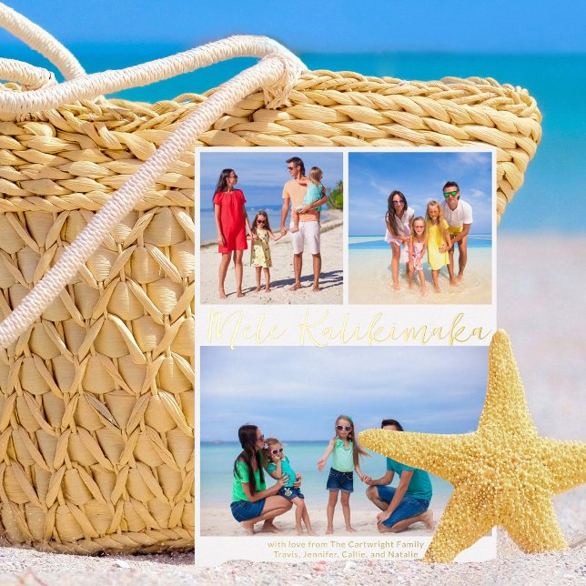 Mele Kalikimaka Beach Family Photo Collage Gold Foil Holiday Card (Creator Uploaded)