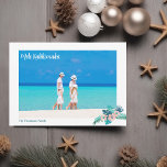 Mele Kalikimaka Beach Family Photo Hibiscus Floral Holiday Card<br><div class="desc">A simply beautiful beach Christmas card with a family photo from your island vacation held on the corner by a pretty tropical Hibiscus flower in lovely peach pink with blue green palm leaves. Another full photograph decorates the back of this Hawaiian holiday card.</div>