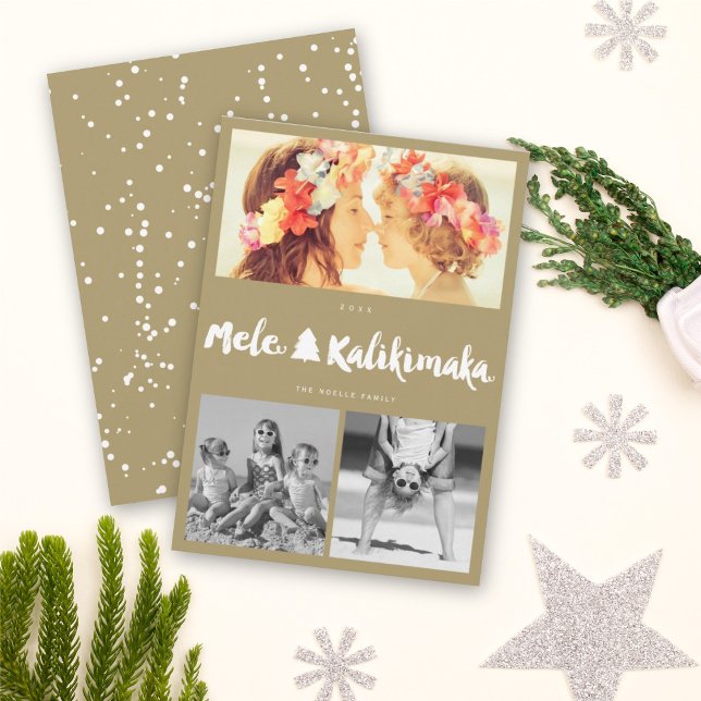 Mele Kalikimaka Brush Christmas 3 Photo Collage Holiday Card (Creator Uploaded)