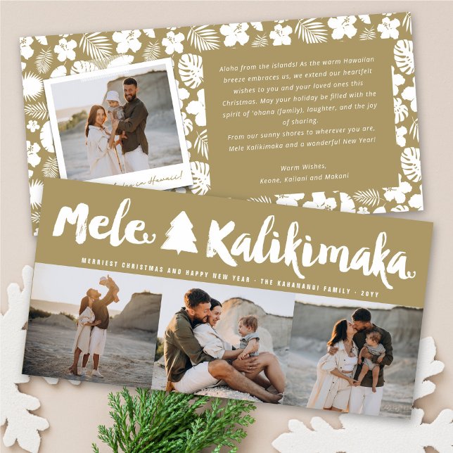 Mele Kalikimaka Brush Christmas Tree 3 Multi Photo Holiday Card (Creator Uploaded)