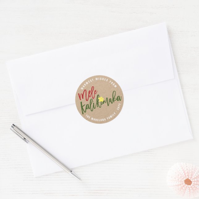 Mele Kalikimaka Brush Script Hibiscus Christmas  Classic Round Sticker (Envelope)