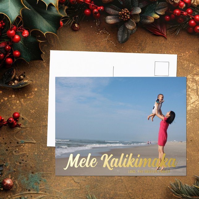 Mele Kalikimaka Chic Typography Beach Photo Gold Foil Holiday Postcard (Creator Uploaded)