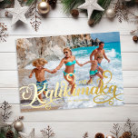Mele Kalikimaka Christmas Photo Foil Holiday Card<br><div class="desc">Modern hawaiian christmas card featuring a fully printed photo for you to replace with your own,  the seasons greetings "mele kalikimaka" in a luxurious real foil script font,  your family name,  and the year. The foil in this design can be change to silver or rose gold.</div>