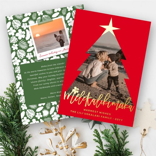 Mele Kalikimaka Christmas Tree Cutout Red Photo Foil Holiday Card