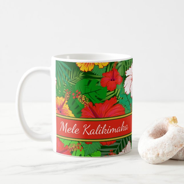 Mele Kalikimaka Colorful Hawaiian Floral Holiday Coffee Mug (With Donut)