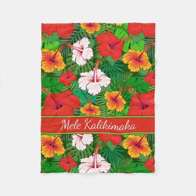 Mele Kalikimaka Colorful Hawaiian Floral Holiday Fleece Blanket (Front)