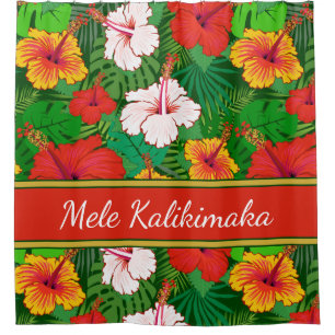 Mele Kalikimaka Colorful Hawaiian Hibiscus Holiday Shower Curtain