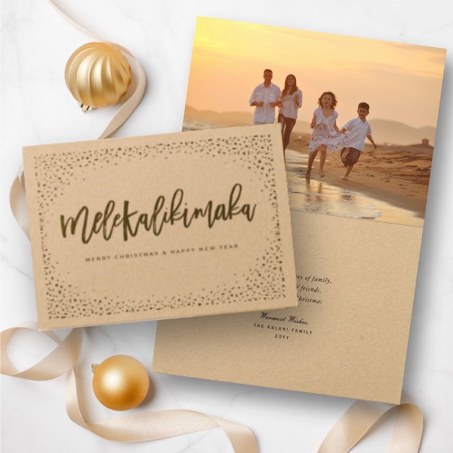 Mele Kalikimaka Confetti Chic Christmas Photo Foil Card (Mele Kalikimaka Christmas Greetings Holiday Foil Pressed Card @ www.zazzle.com/store/fat_fa_tin)
