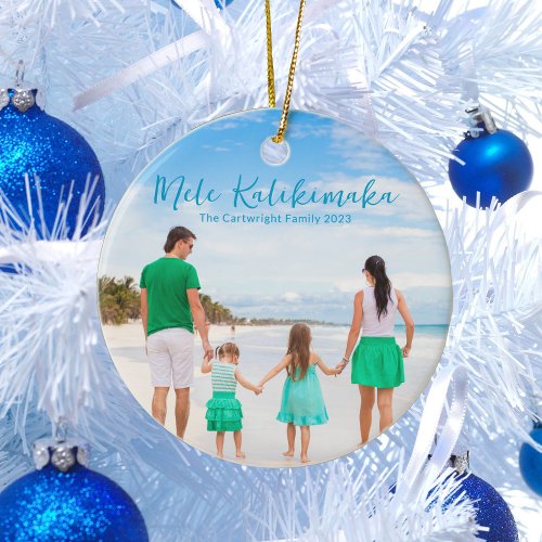 Mele Kalikimaka Family Beach Photo 2023 Christmas Ceramic Ornament