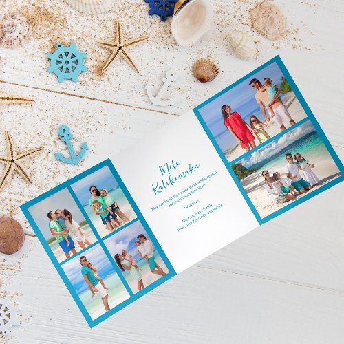 Mele Kalikimaka Family Photo Collage Blue Beach Tri_Fold Holiday Card