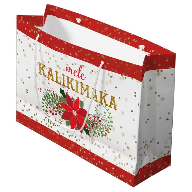 Mele Kalikimaka Gold Glitter Poinsettia Large Gift Bag (Front Angled)