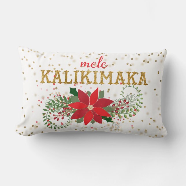 Mele Kalikimaka Gold Glitter Poinsettia Lumbar Pillow (Front)