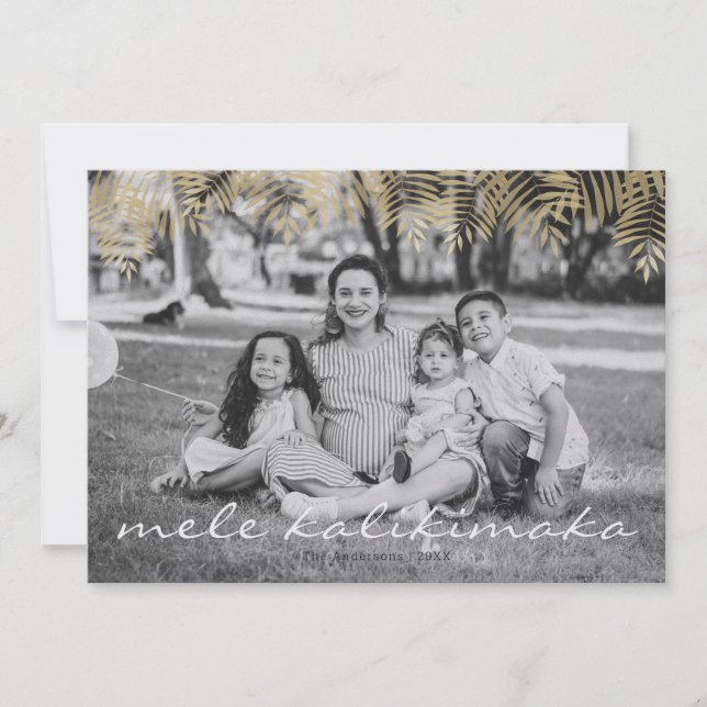 Mele Kalikimaka Gold Palm Tree Holiday Photo Card (Front)