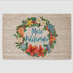 Mele Kalikimaka Hawaiian Beach Christmas Wreath Fiber Doormat