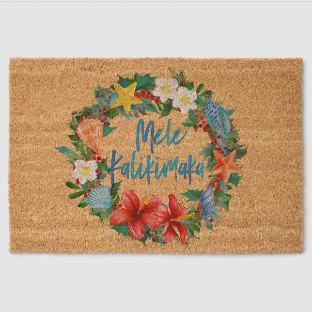 Mele Kalikimaka Hawaiian Beach Christmas Wreath Fiber Doormat (Front)