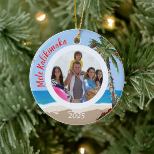 Mele Kalikimaka Hawaiian Beach Personalized Photo Ceramic Ornament