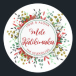 Mele Kalikimaka Hawaiian Christmas Classic Round Sticker<br><div class="desc">This botanical Christmas sticker features red and green holiday foliage with the Hawaiian phrase: Male Kalikimake. Just add you info and voila! A cute way to show love on the Hawaiian islands. Feel free to customize or edit further by clicking the "customize further" link and use the design tool to...</div>