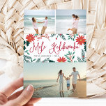 Mele Kalikimaka | Hawaiian Christmas Photo Collage Holiday Card<br><div class="desc">Send holiday greetings to friends and family, island-style, with our tropical holiday photo cards. Design features three favorite photos with the Hawaiian Christmas greeting "Mele Kalikimaka" in the center in red hand lettered typography, flanked by vibrant red poinsettia flowers and holly leaves. Personalize with your names and the year beneath....</div>