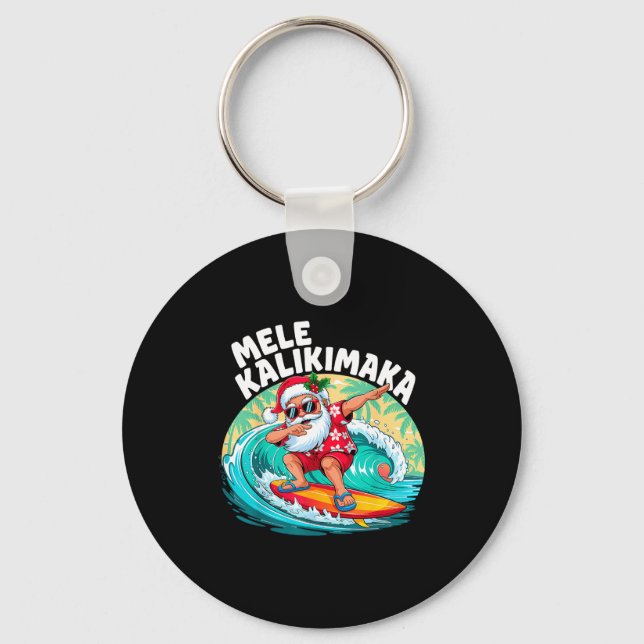 Mele Kalikimaka Hawaiian Christmas Santa Surfing B Keychain (Front)