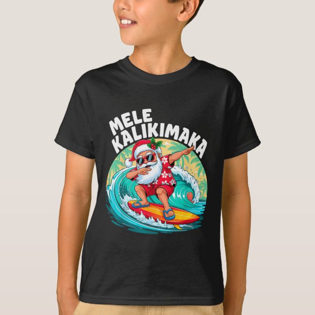 Mele Kalikimaka Hawaiian Christmas Santa Surfing B T-Shirt (Front)