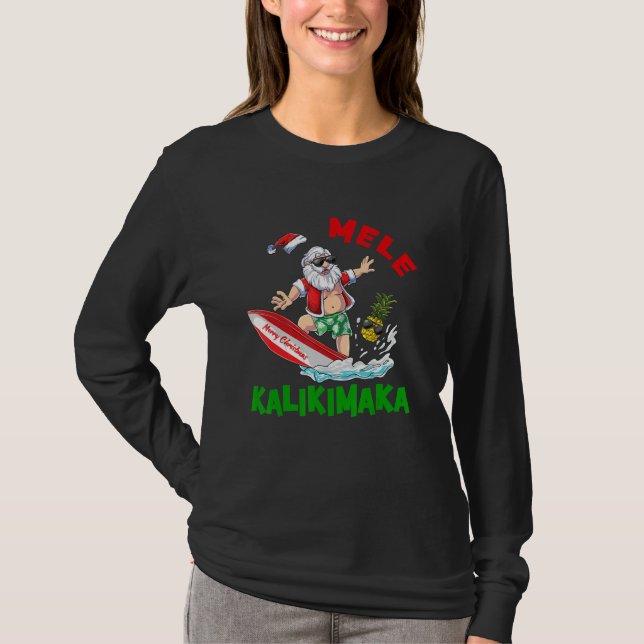 Mele Kalikimaka Hawaiian Christmas Santa Surfing P T-Shirt (Front)