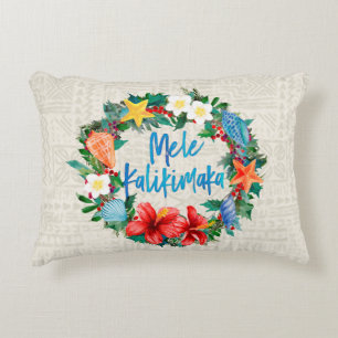 Mele Kalikimaka Hawaiian Christmas Wreath Accent Pillow