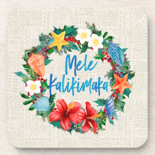 Mele Kalikimaka Hawaiian Christmas Wreath Beverage Coaster