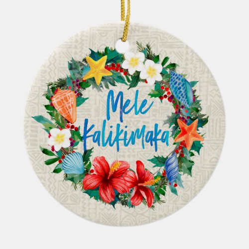 Mele Kalikimaka Hawaiian Christmas Wreath Ceramic Ornament