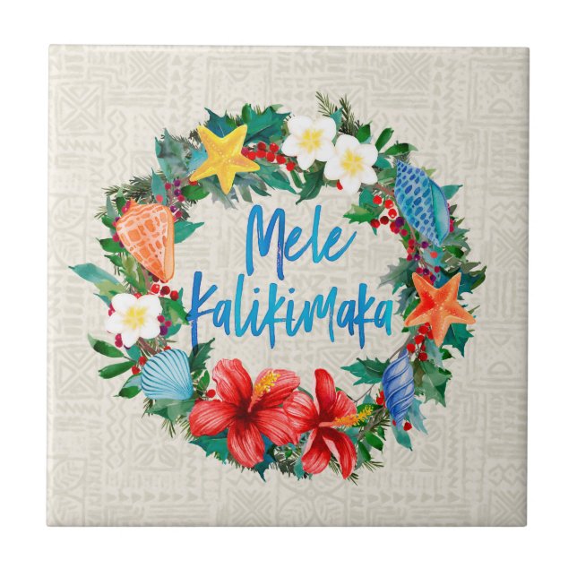 Mele Kalikimaka Hawaiian Christmas Wreath Ceramic Tile (Front)