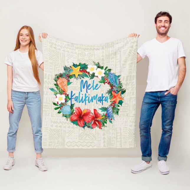 Mele Kalikimaka Hawaiian Christmas Wreath Fleece Blanket (In Situ)