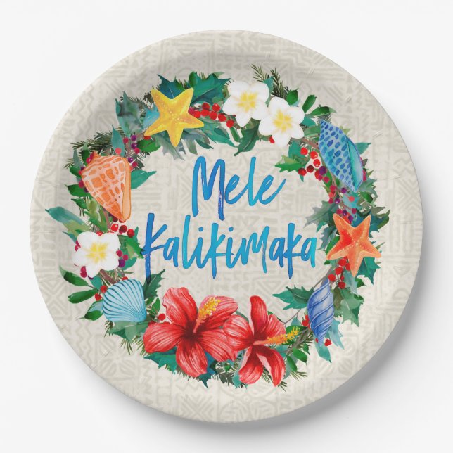 Mele Kalikimaka Hawaiian Christmas Wreath Paper Plates (Front)